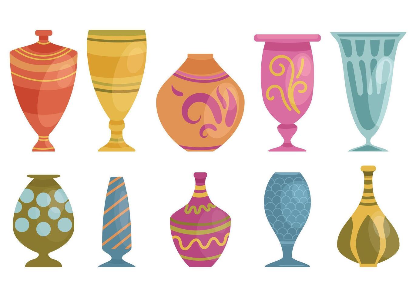 Colorful vases with ornaments different collection isolated on white background. vector
