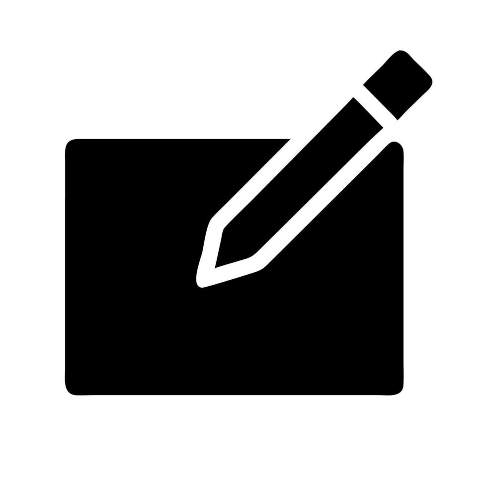 A black and white icon of a pen and paper vector