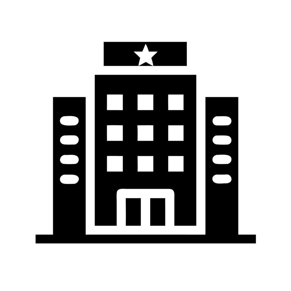 A black and white building icon with a star on top vector