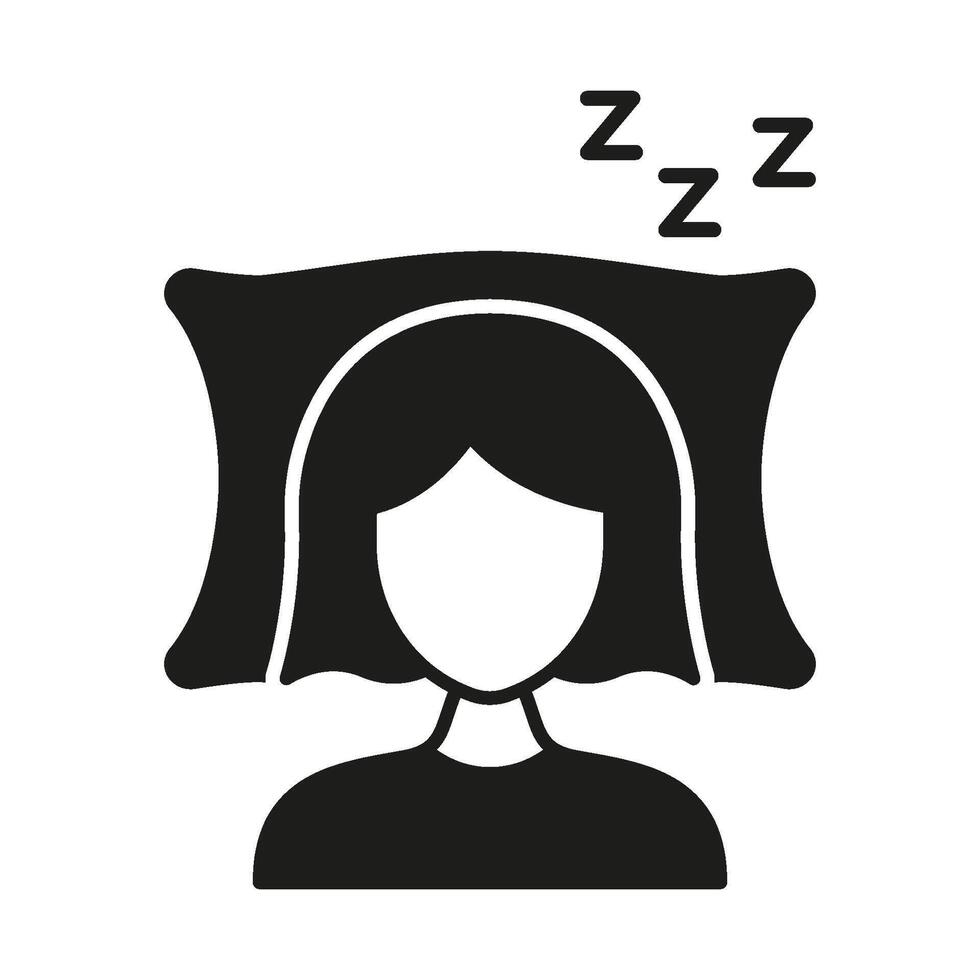 Woman Sleeping On Pillow With ZZZ Silhouette Icon. Relaxed Sleeping Female Glyph Symbol. Restful Sleep. Isolated Illustration vector