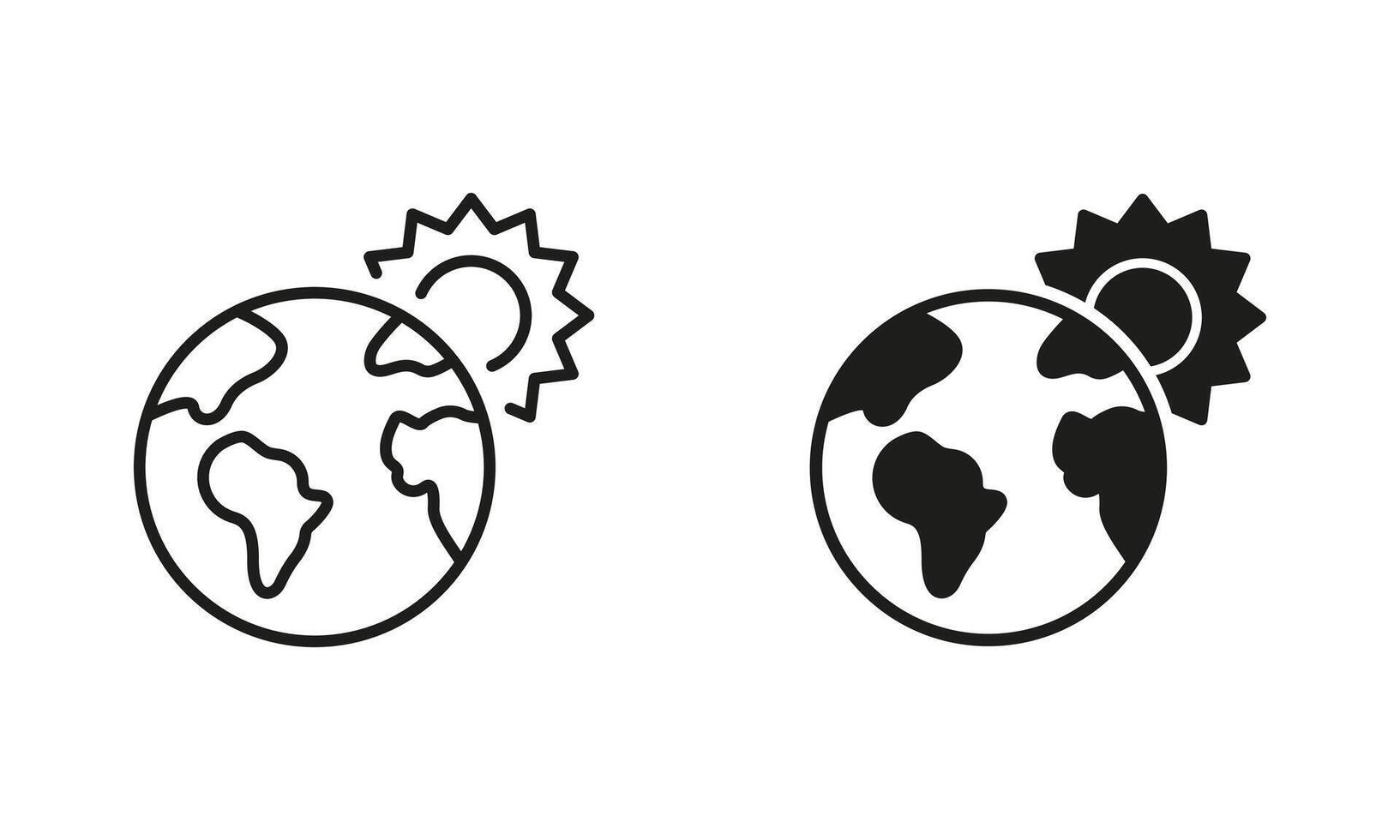 Global Warming Concept. Globe and Sun Line and Silhouette Icon Set. Environmental Eco Solar Energy Symbol. Editable Stroke. Isolated Illustration vector