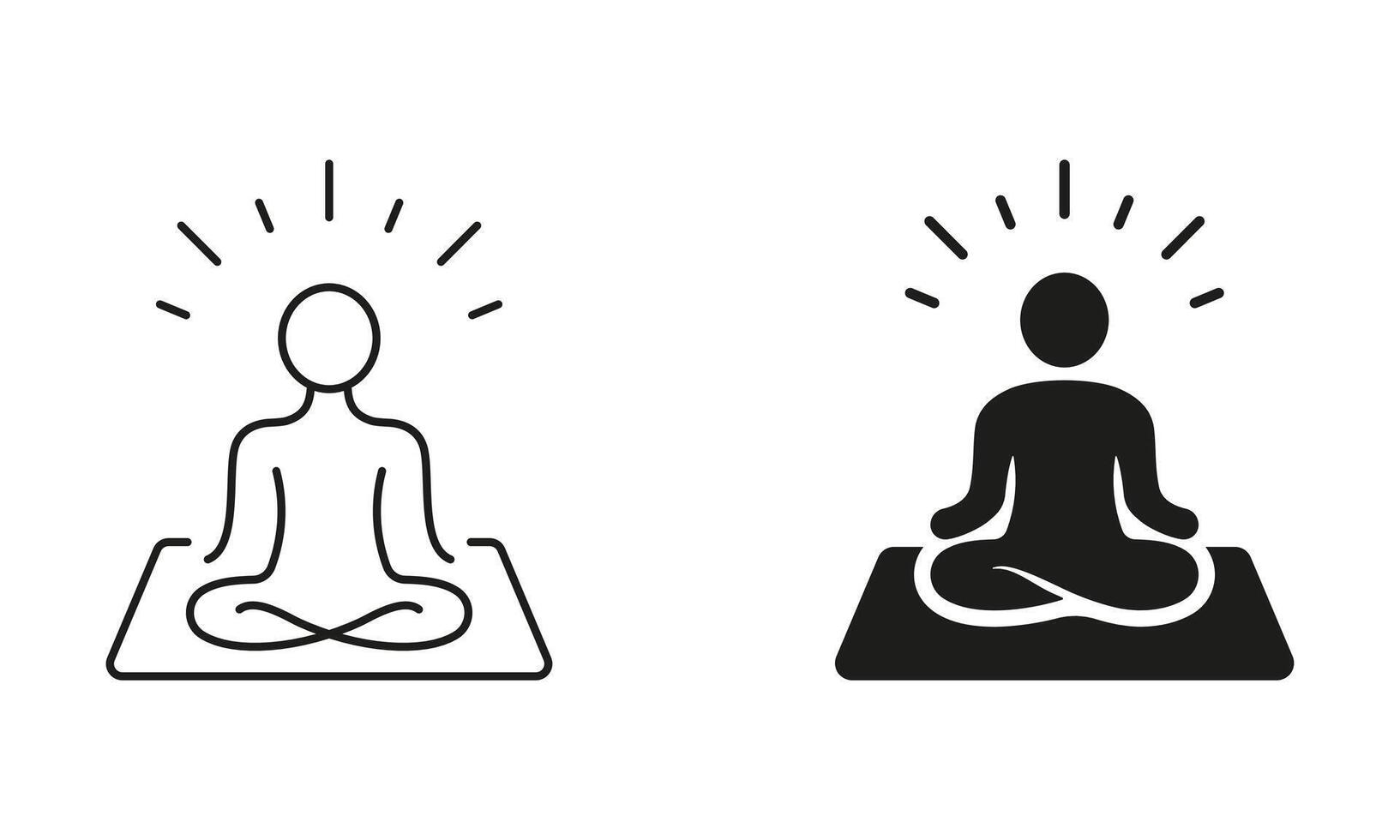 Human Meditate and Relax. Person Sit in Lotus Pose Pictogram. Wellness, Yoga Body Exercise, Fitness Zen Line and Silhouette Icon Set. Editable Stroke. Isolated Illustration vector