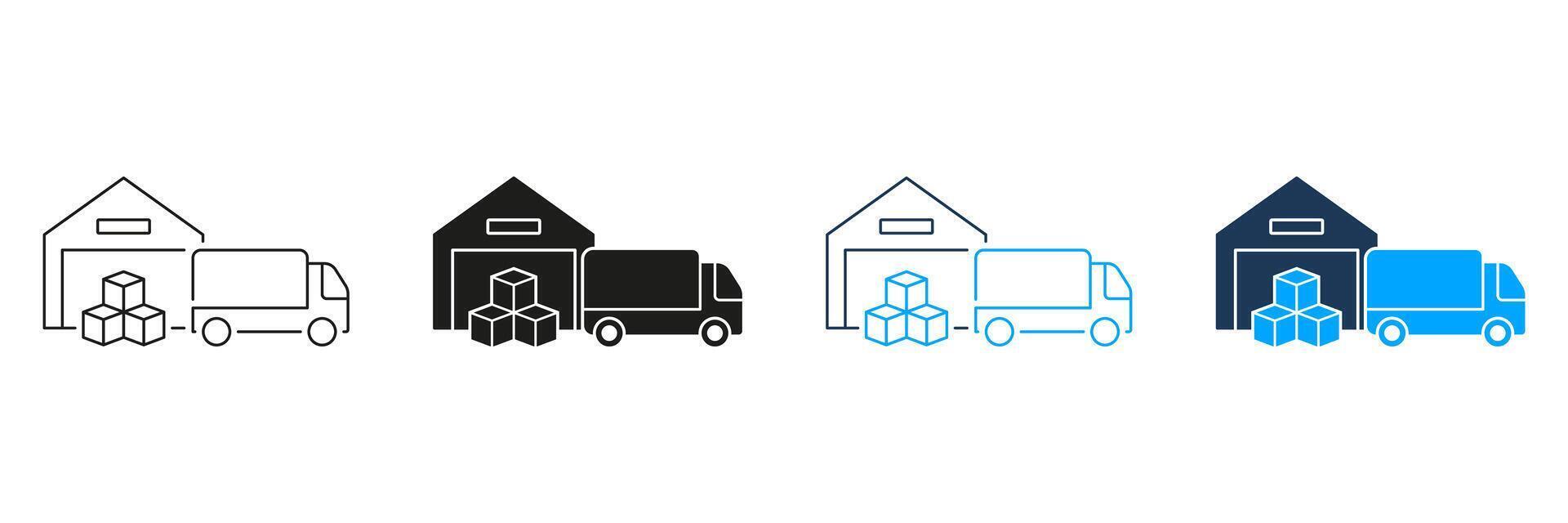 Warehouse and Truck Line and Silhouette Icon Set. Cargo Box Load Into Vehicle From Storage Building Pictogram. Transportation and Storehouse Symbol. Editable Stroke. Isolated Illustration vector