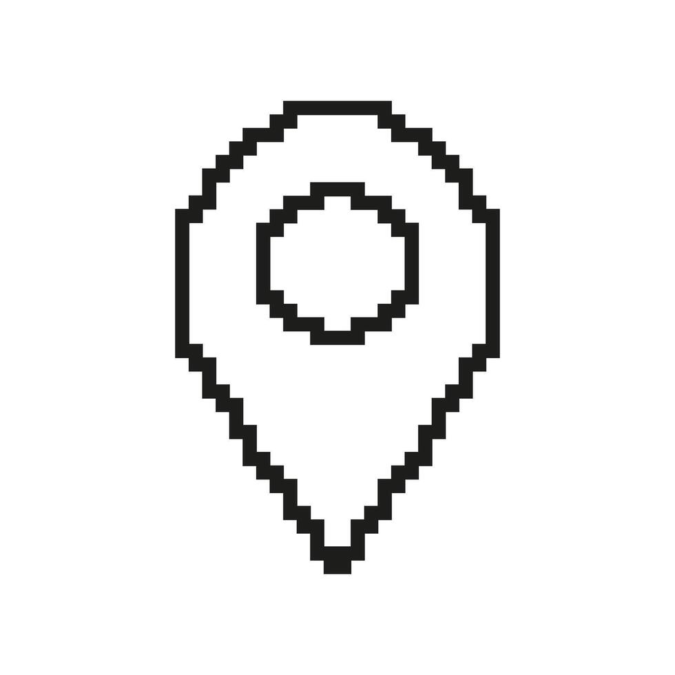 Pixelated Location Pin Icon. Map Marker Symbol in Retro Pixel Art Style. Place and Navigation Sign. GPS Marker Symbol of Destination and Position. Isolated Illustration vector
