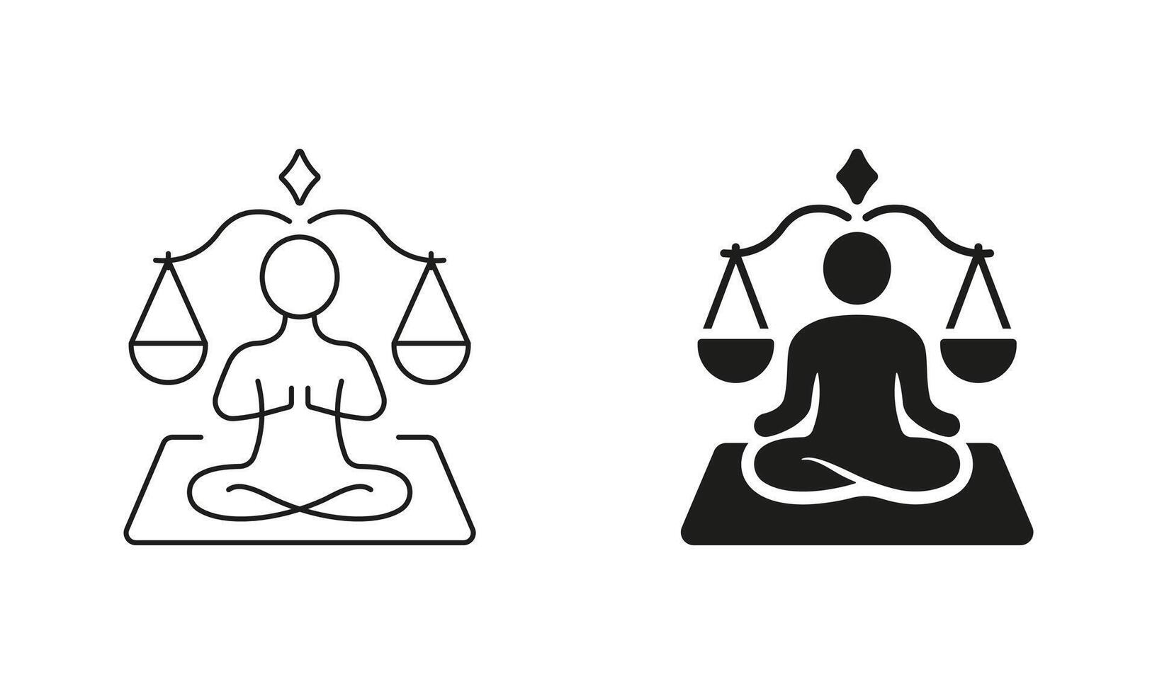 Spiritual Zen Person in Pose Lotus. Yoga Balance Relax Line and Silhouette Icon Set. Wellness Health Mind Icon. Pose Lotus. Editable Stroke. Isolated Illustration vector
