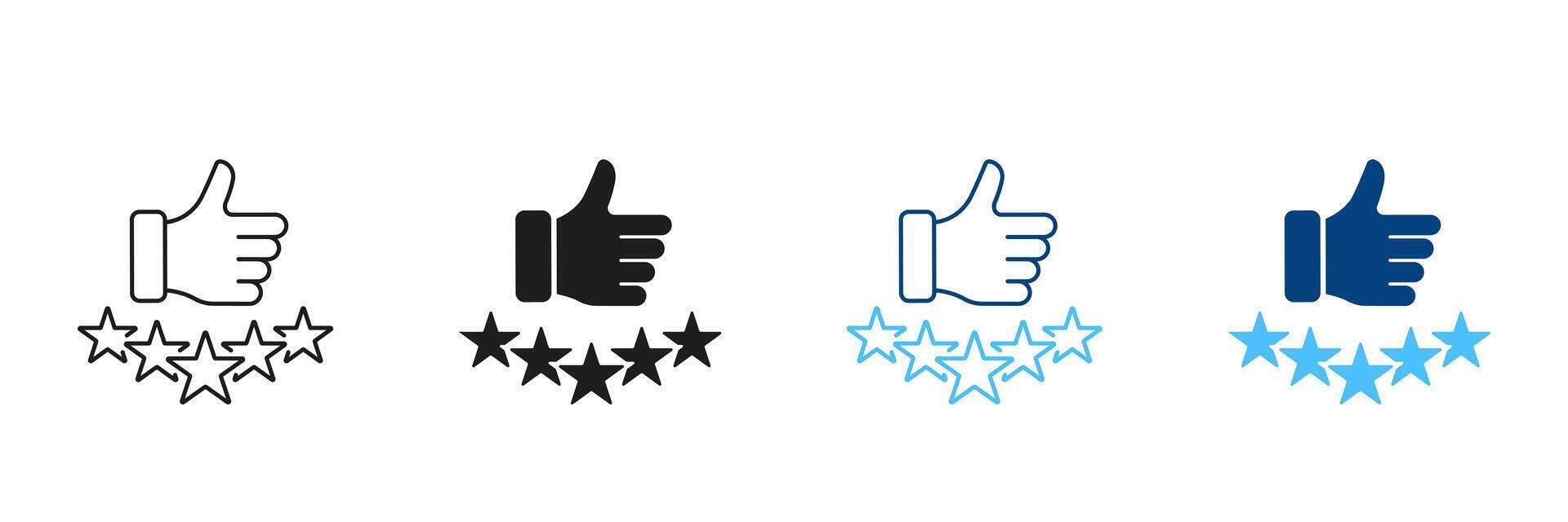 Thumb Up With Five Stars Line and Silhouette Icon Set. Customer Satisfaction Pictogram. Best Quality Symbol. Review Sign. Positive Feedback. Editable Stroke. Isolated Illustration vector
