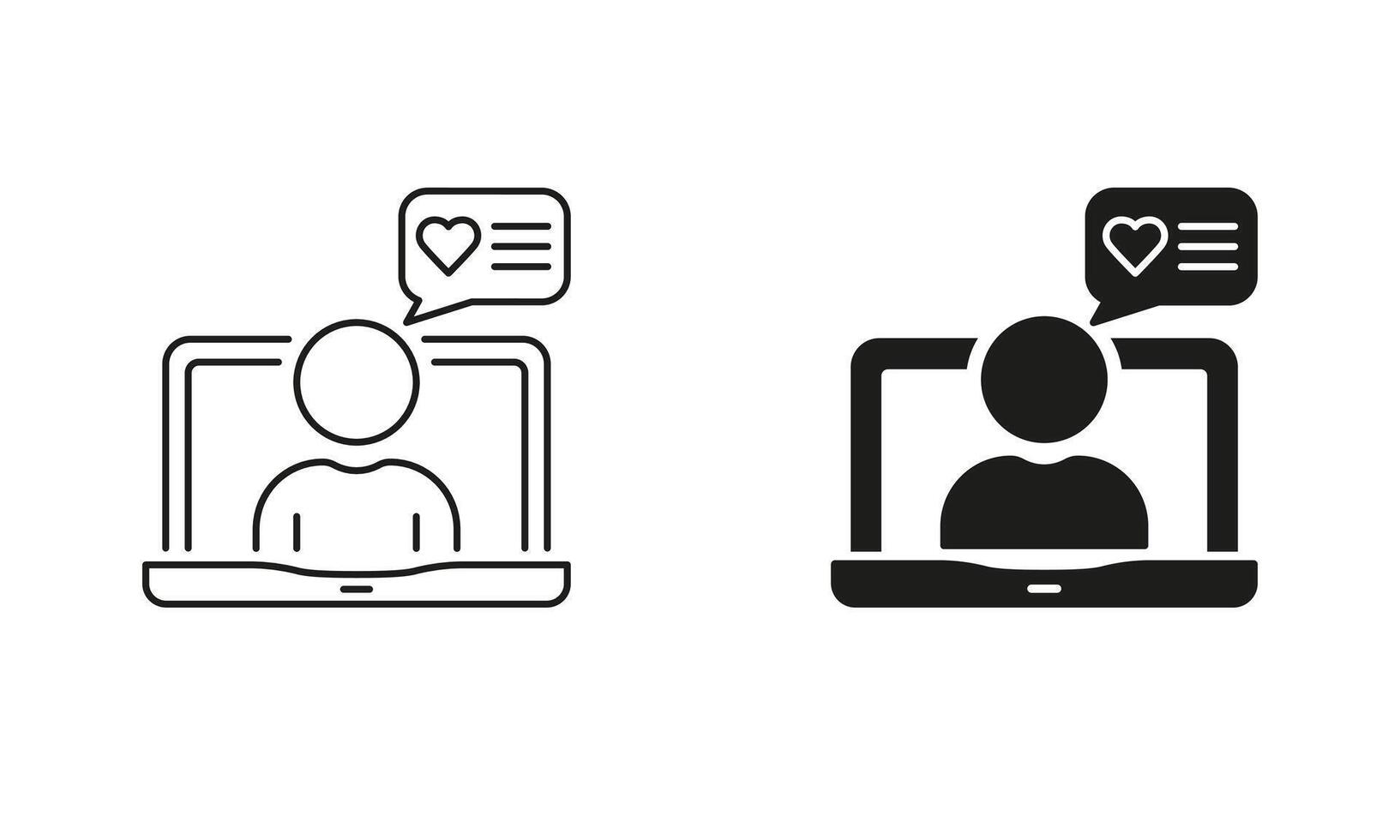 Comment, Feedback, Message Sign. Online Chat Line and Silhouette Icon Set. Laptop With Man And Speech Bubble Pictogram. Dialog Symbol. Editable Stroke. Isolated Illustration vector