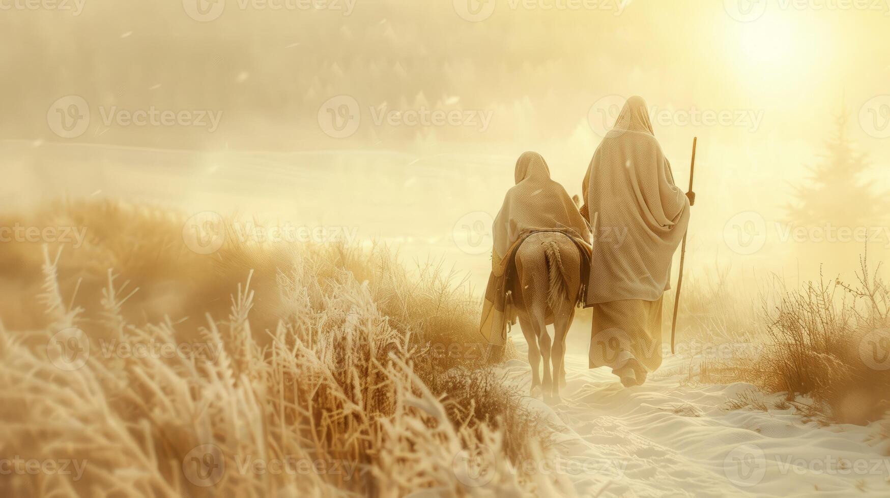 A man and woman ride a horse through a snowy field photo