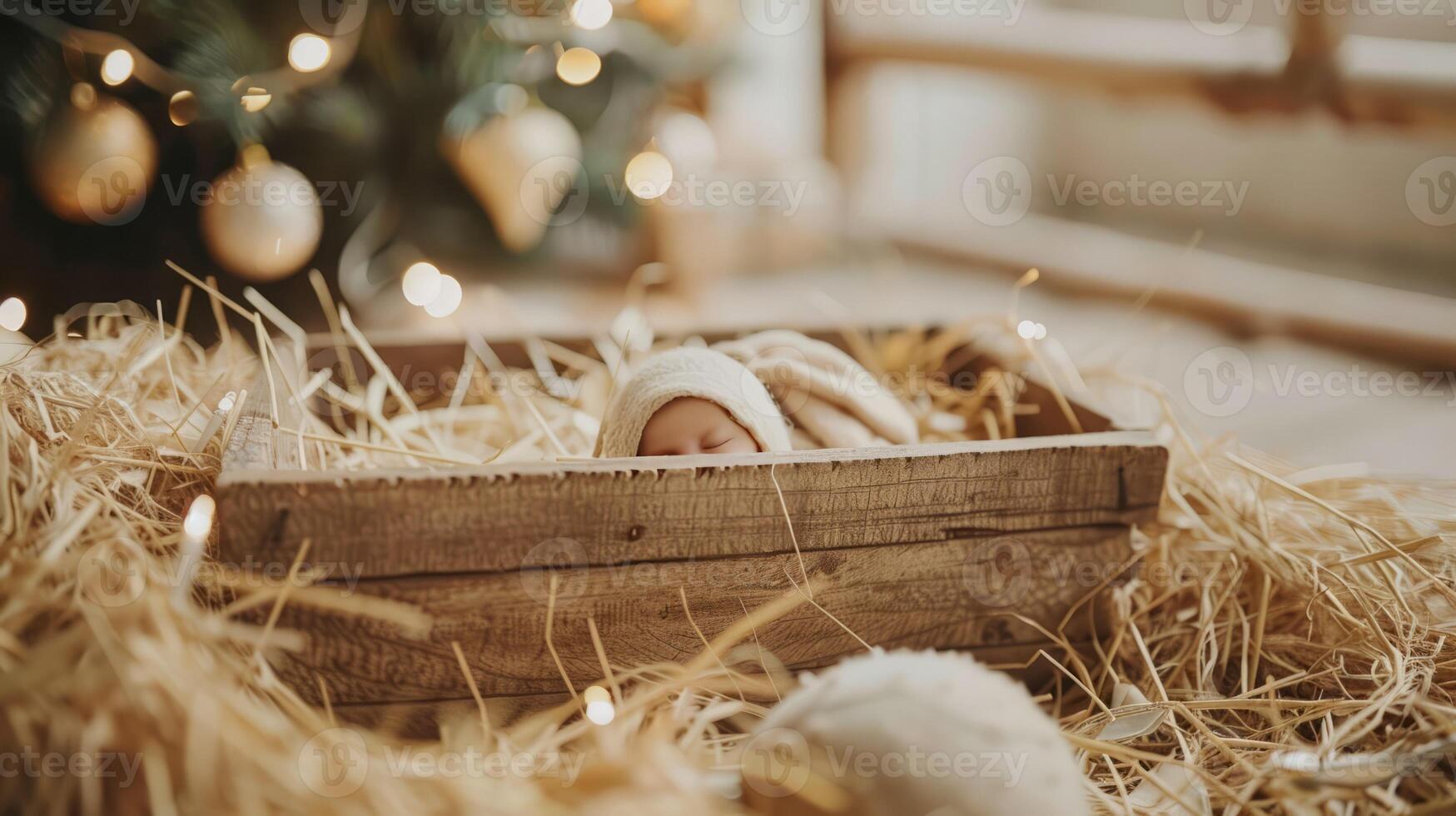 A baby in a basket with a Christmas tree in the background photo