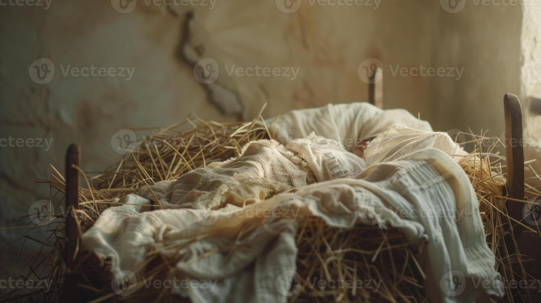 Straw manger in a stable Nativity scene photo