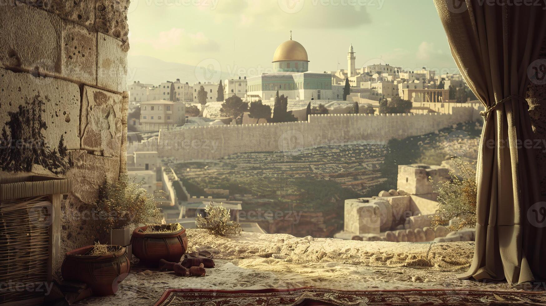 A view of a city with a mosque in the background photo