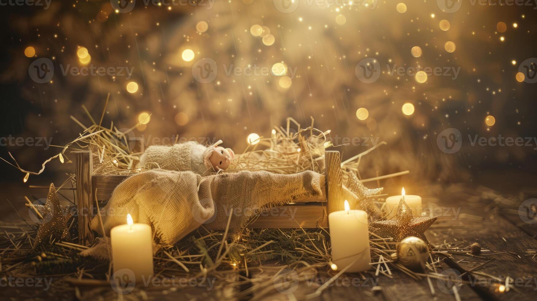 Cozy Manger Scene Christmas card with a manger and candles Nativity image photo