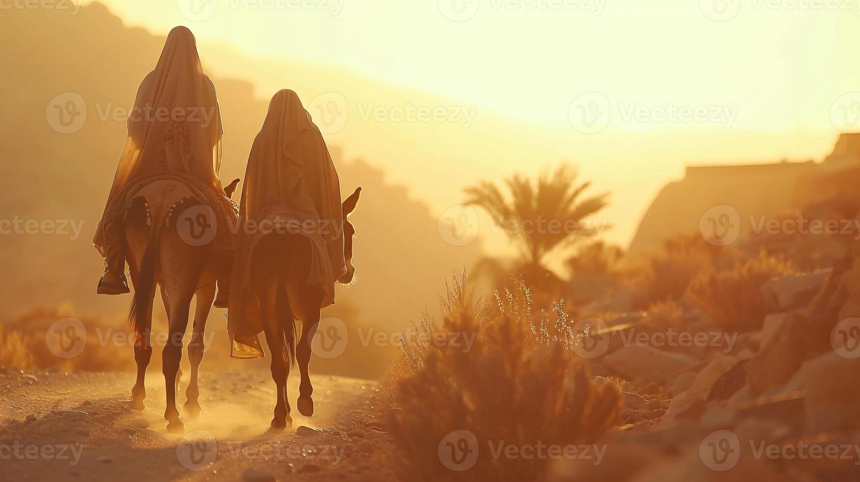 Two people riding horse in the desert photo