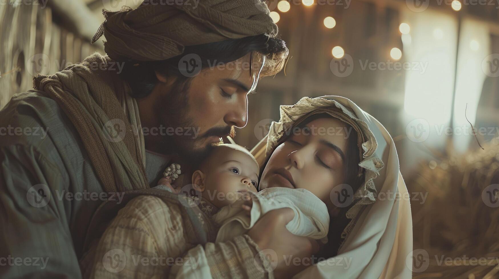 Mary and Joseph with baby Jesus in arms in a stable nativity scene photo