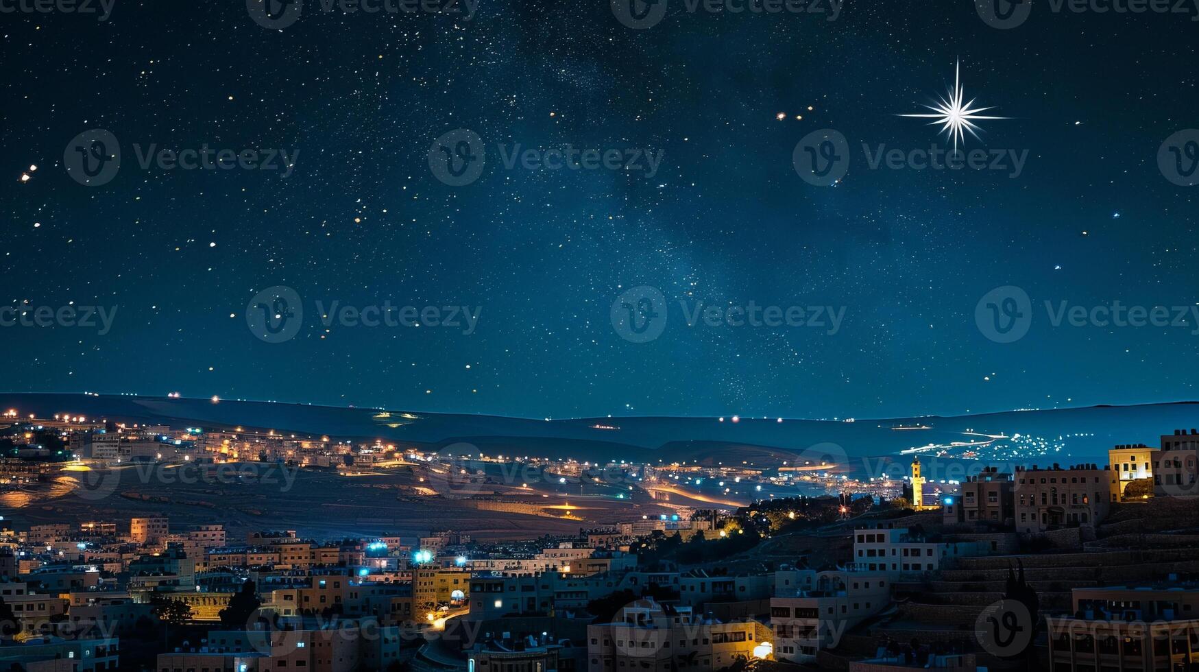 A starry sky with a bright star shining over the city of Bethlehem photo