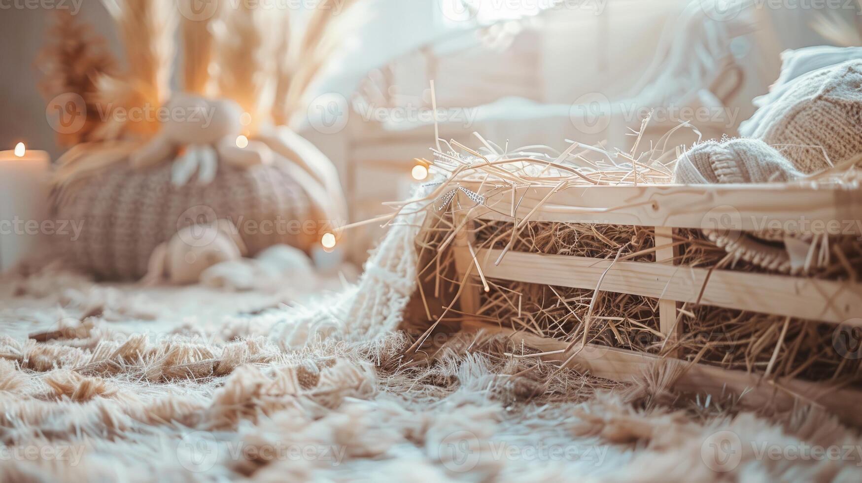 A wood straw manger Christmas nativity scene photo