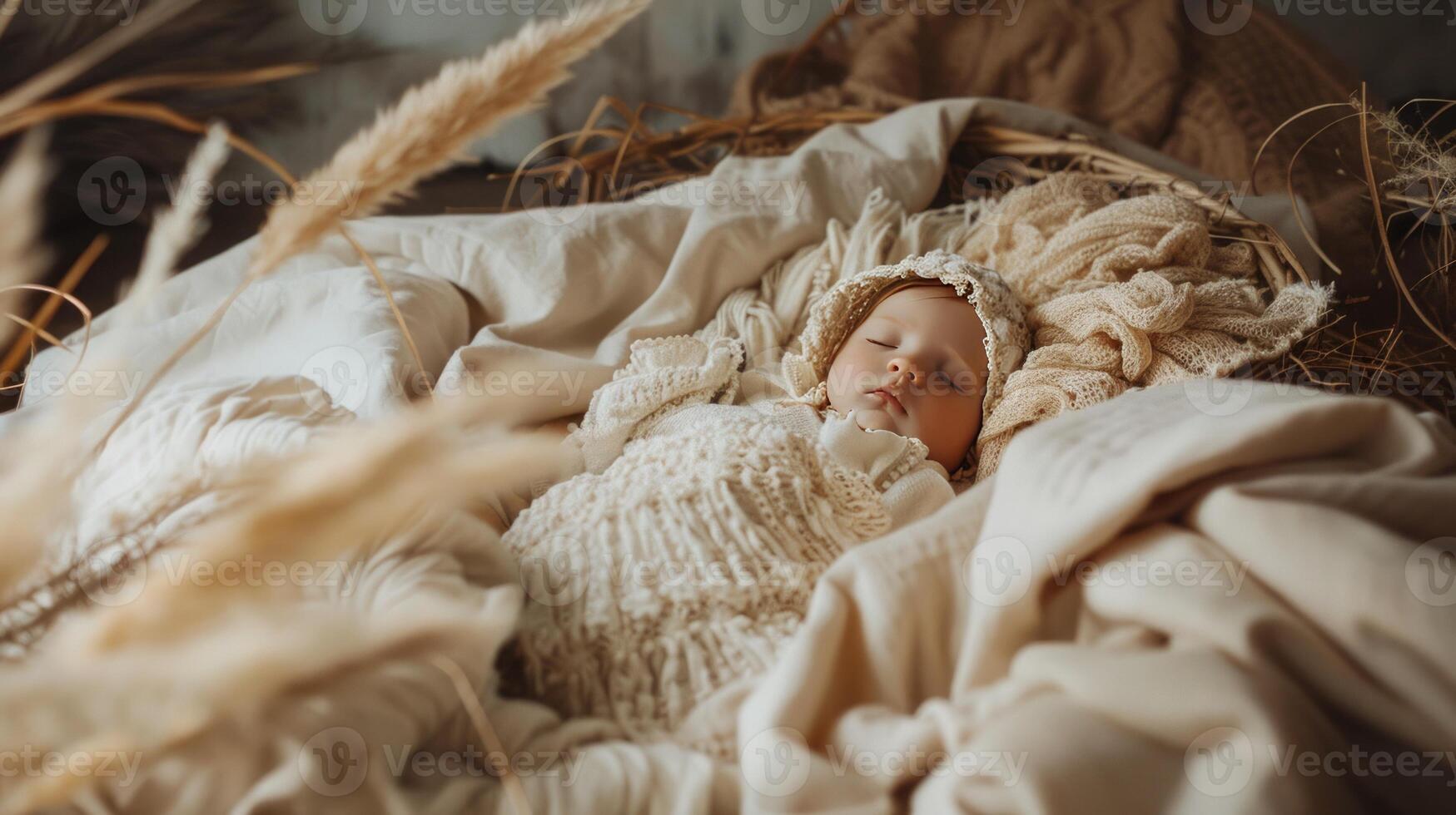 A peaceful image of baby Jesus lying in the manger with straw and cloth photo