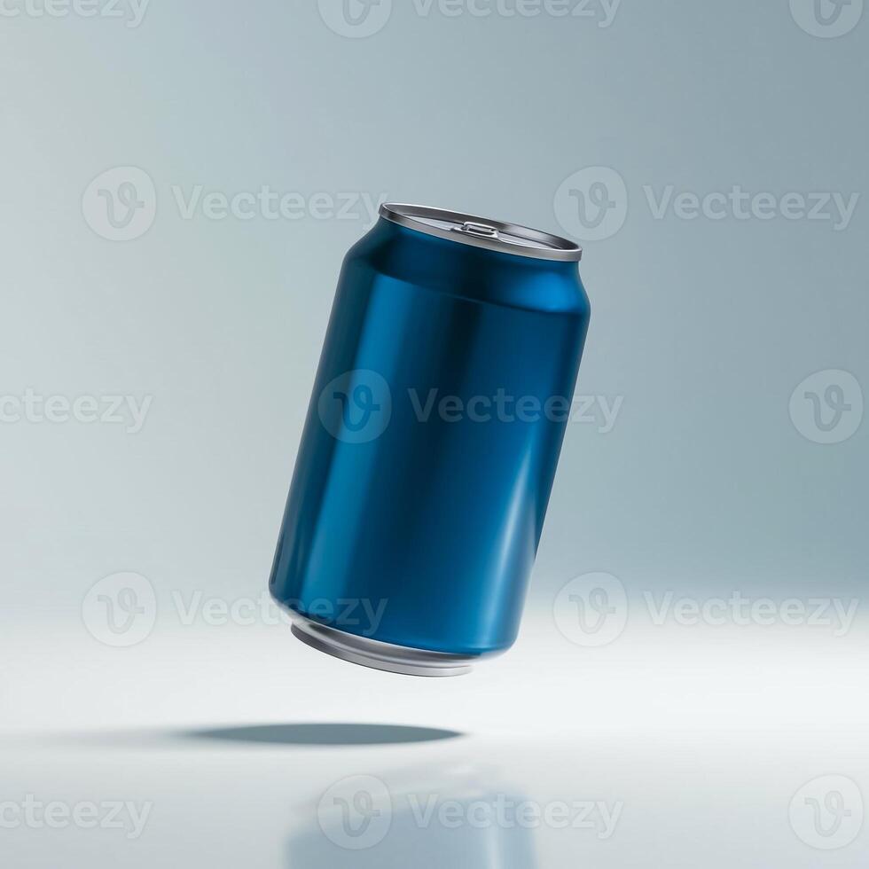 A sleek and realistic 3D render of a blank blue soda can on a pristine white background. photo