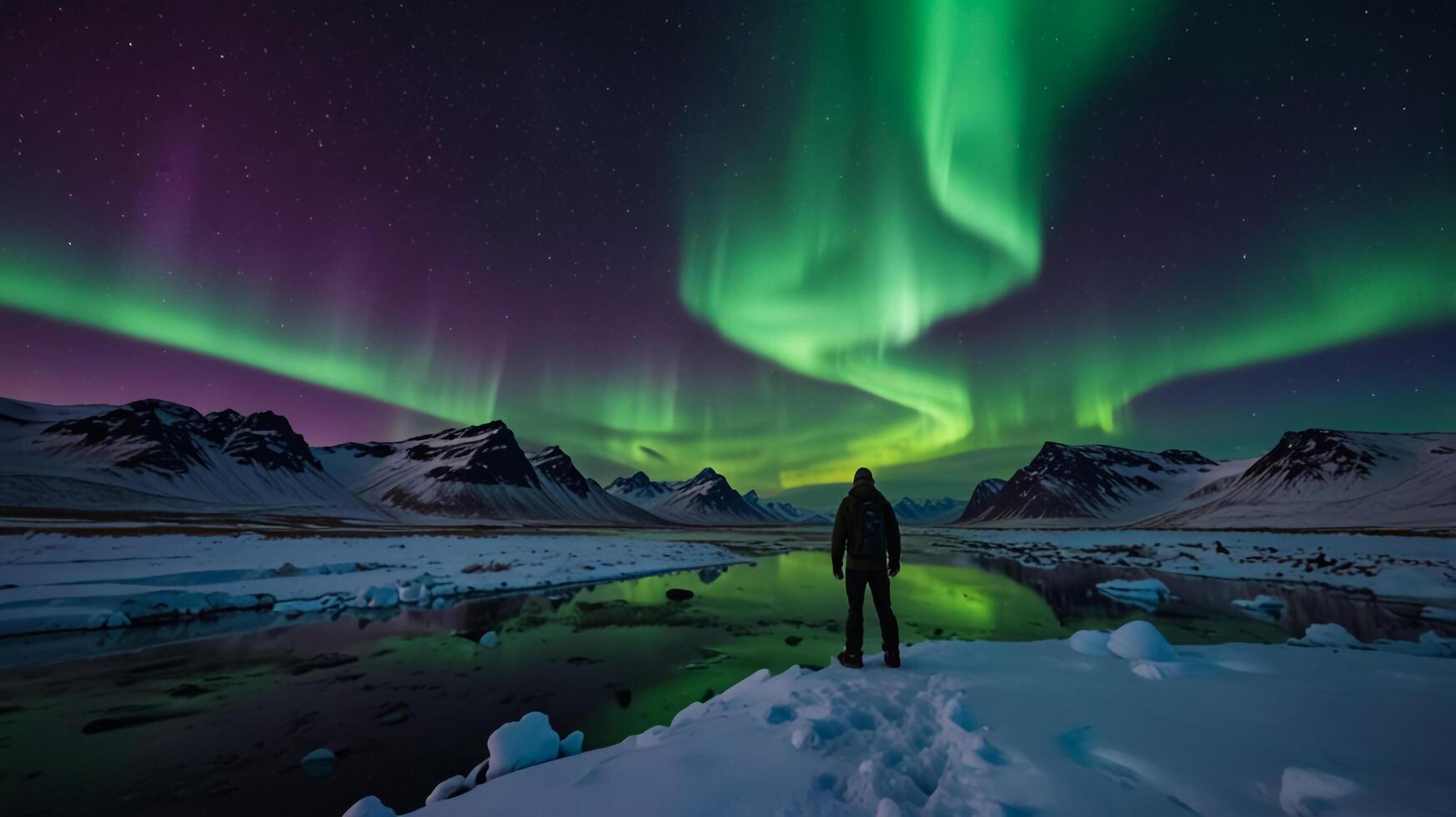 A person standing in front of a green aurora bore photo