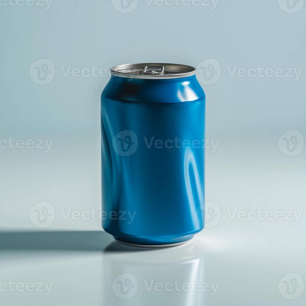 A sleek and realistic 3D render of a blank blue soda can on a pristine white background. photo