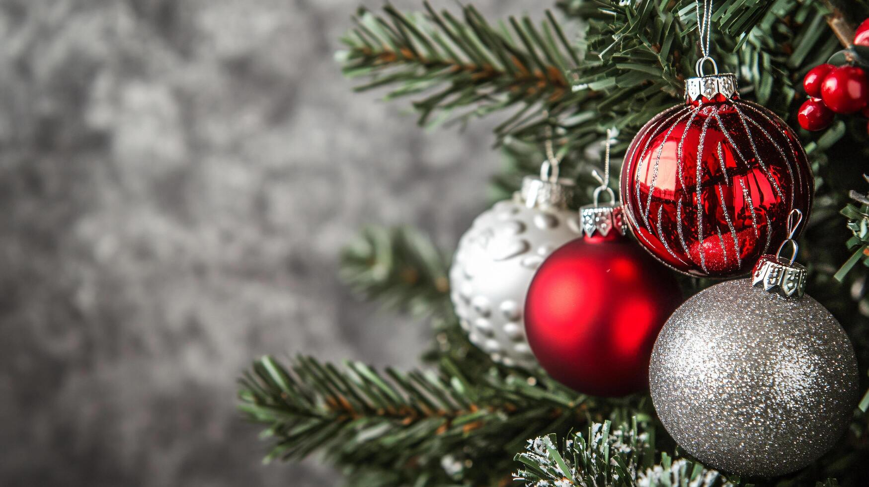 Christmas tree decorated with red and silver ball ornaments copy space background photo
