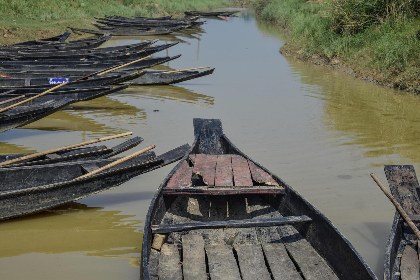 Wooden boats lie idle in a narrow waterway, surrounded by green vegetation. The calm water reflects the peaceful atmosphere of this serene environment. photo