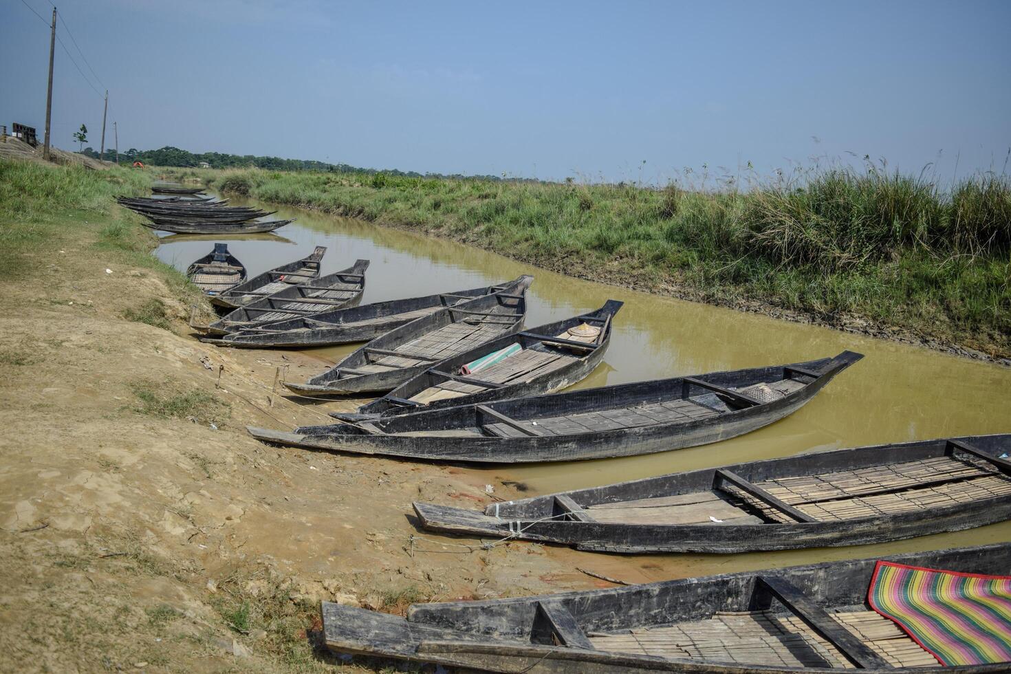 Several traditional wooden boats rest along the muddy banks of a narrow canal surrounded by lush green fields under a clear blue sky. photo