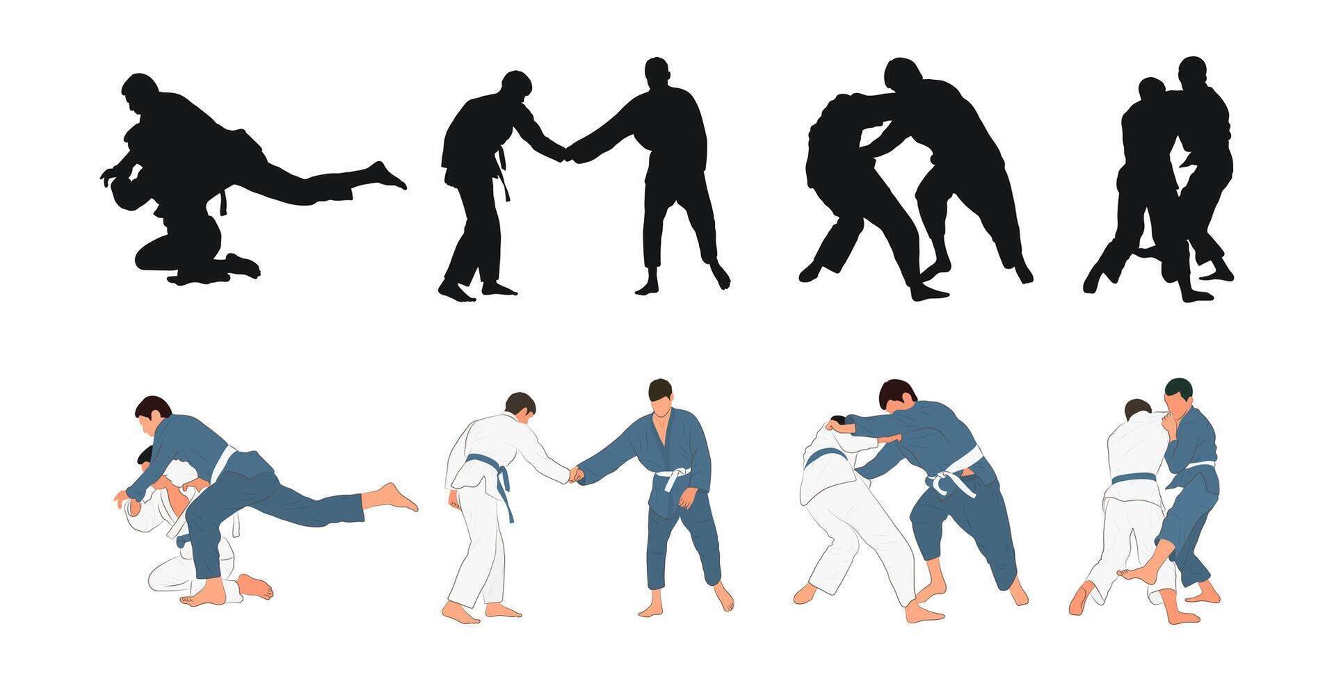 Judo, martial art, silhouettes of judokas, flat, set, vector