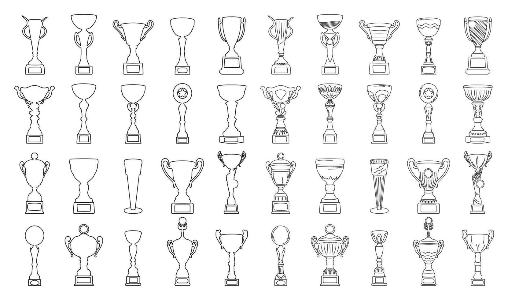 Set of cups and trophies, hand drawn silhouette, sketch vector