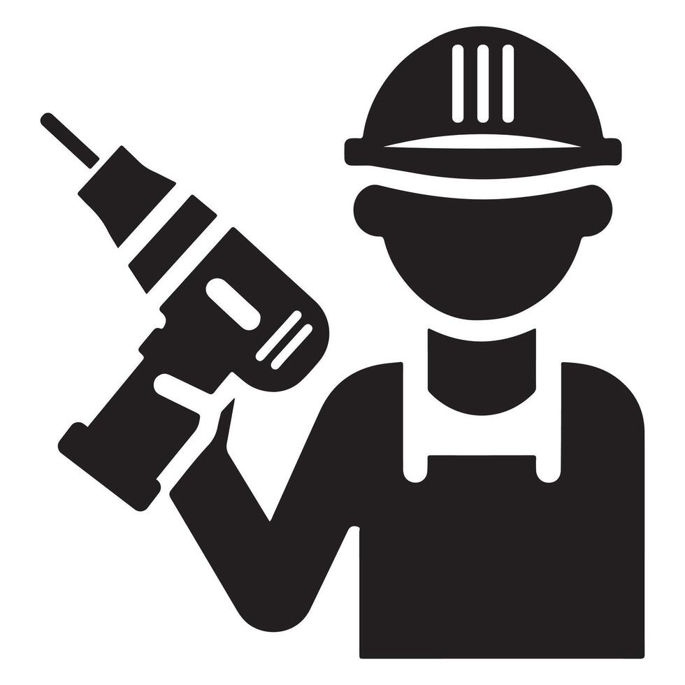 Construction Worker with Hard Hat and Drill Icon vector