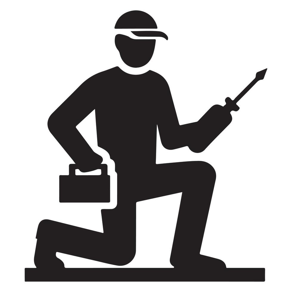 Technician Kneeling with Toolbox and Drill vector