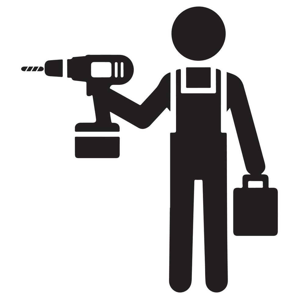 Construction Worker with Drill and Toolbox Icon vector