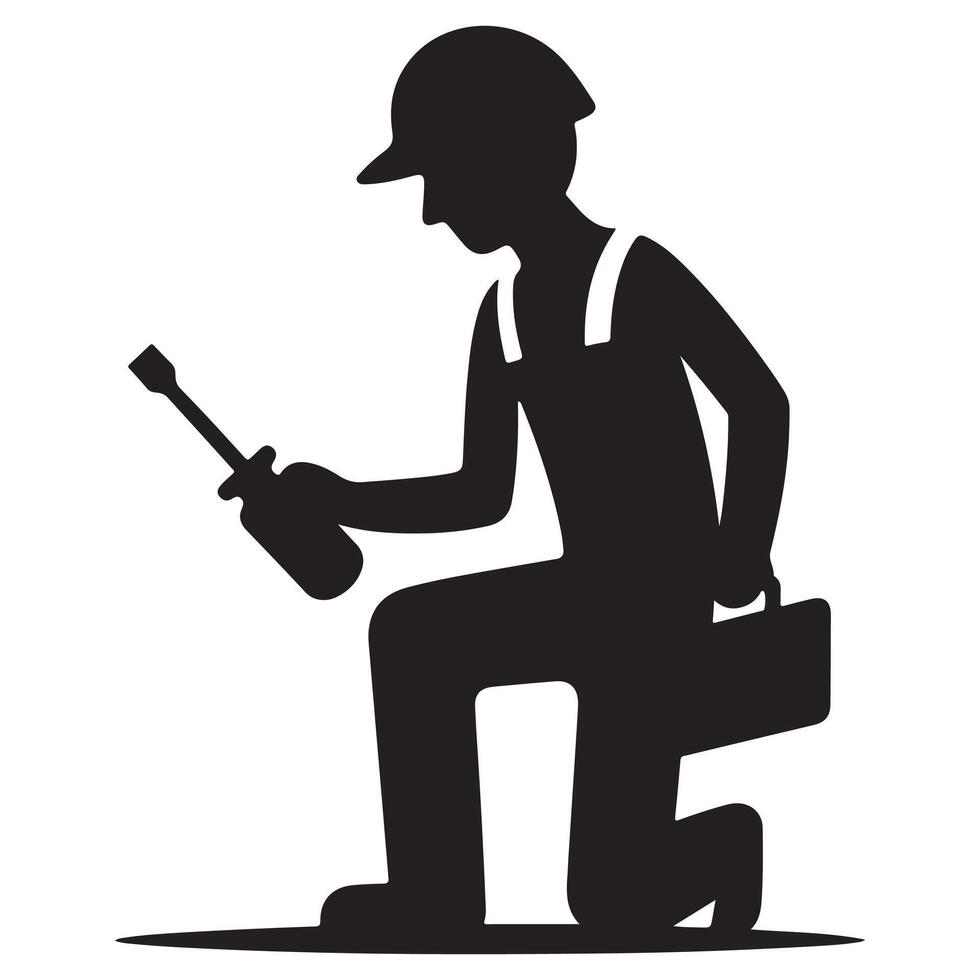 Side View Technician with Toolbox and Drill Icon vector