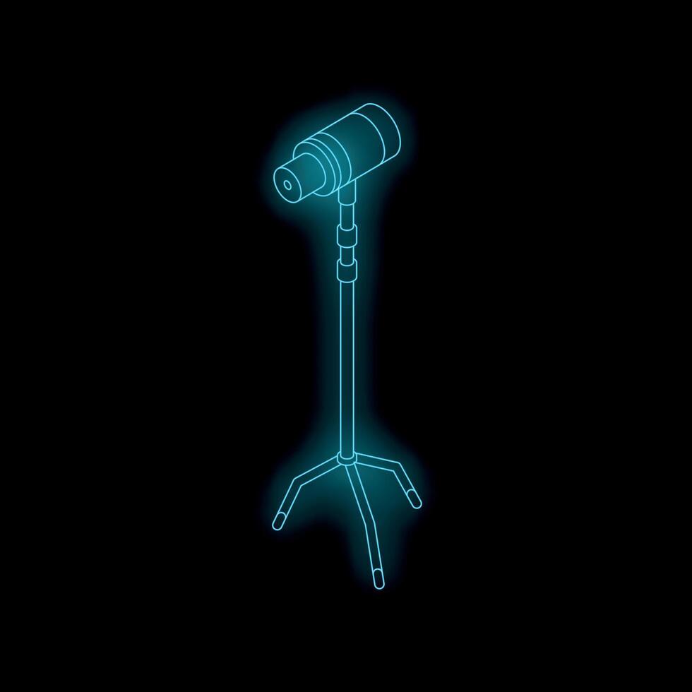 Neon studio microphone standing on a tripod on black background vector