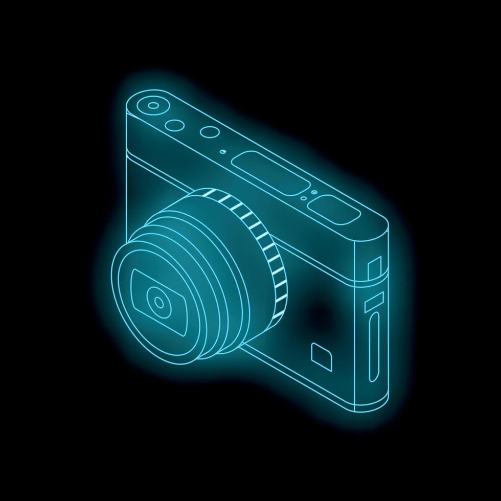 Neon blue outline of a digital camera illustrating photography vector
