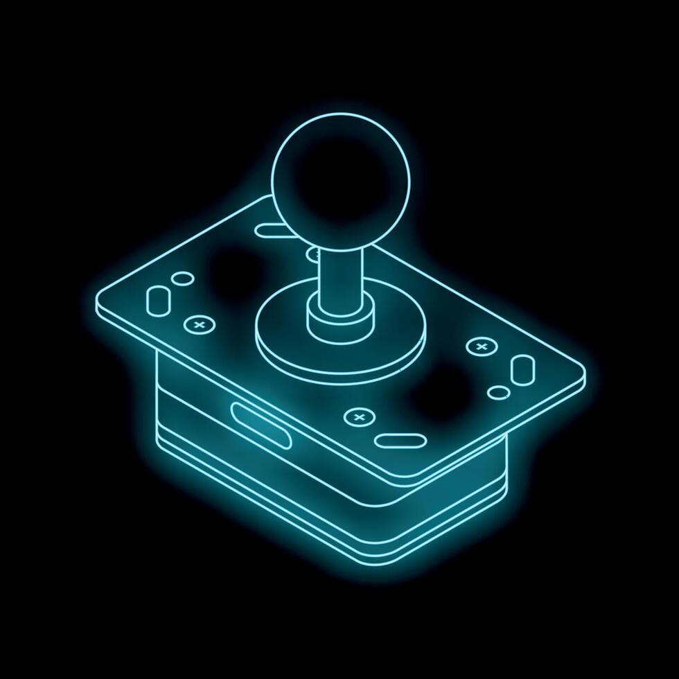 Retro arcade game joystick with neon blue outline on black background vector