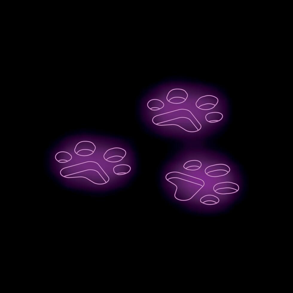 Three purple neon paw prints glowing on black background vector
