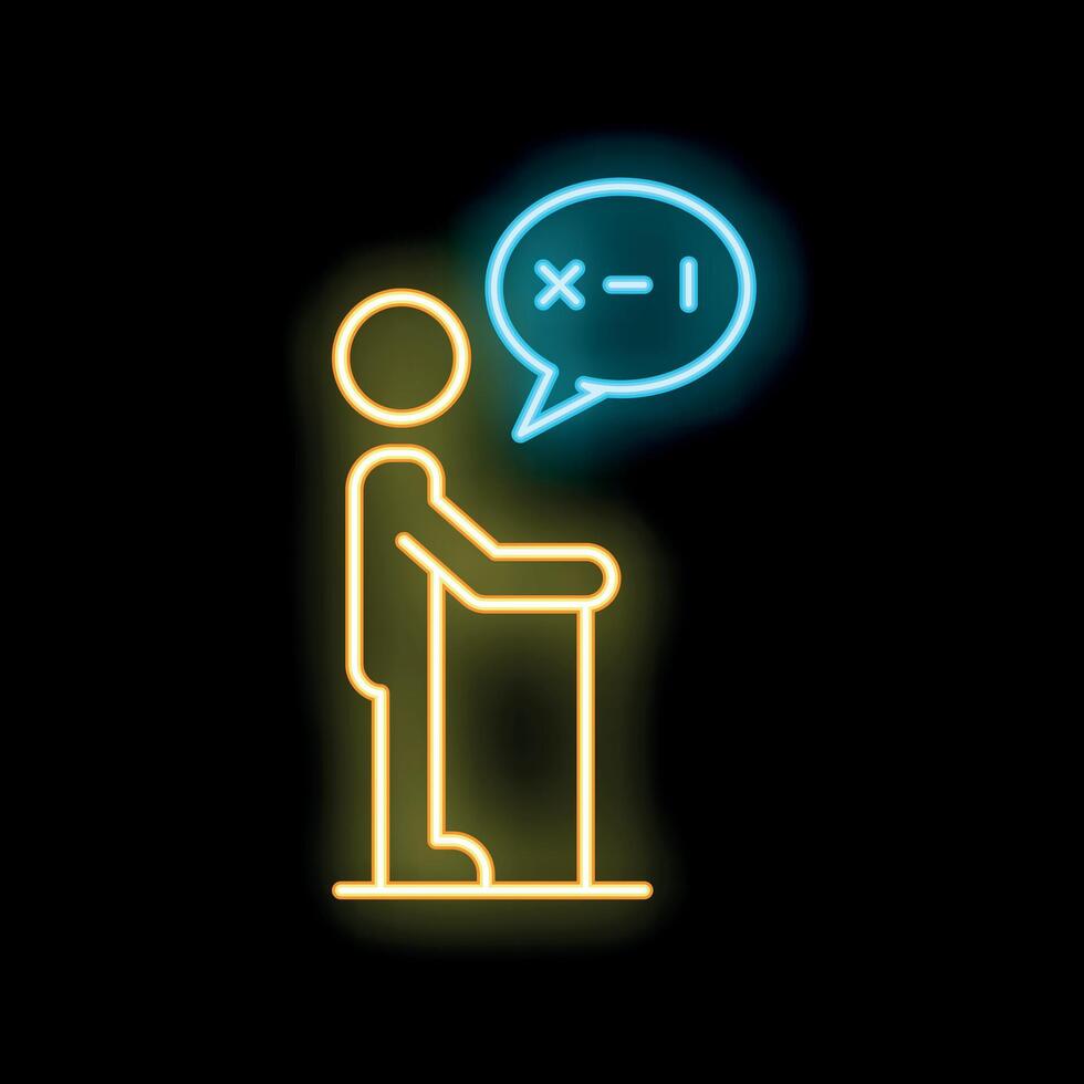 Senior citizen using walking cane asking question neon sign vector