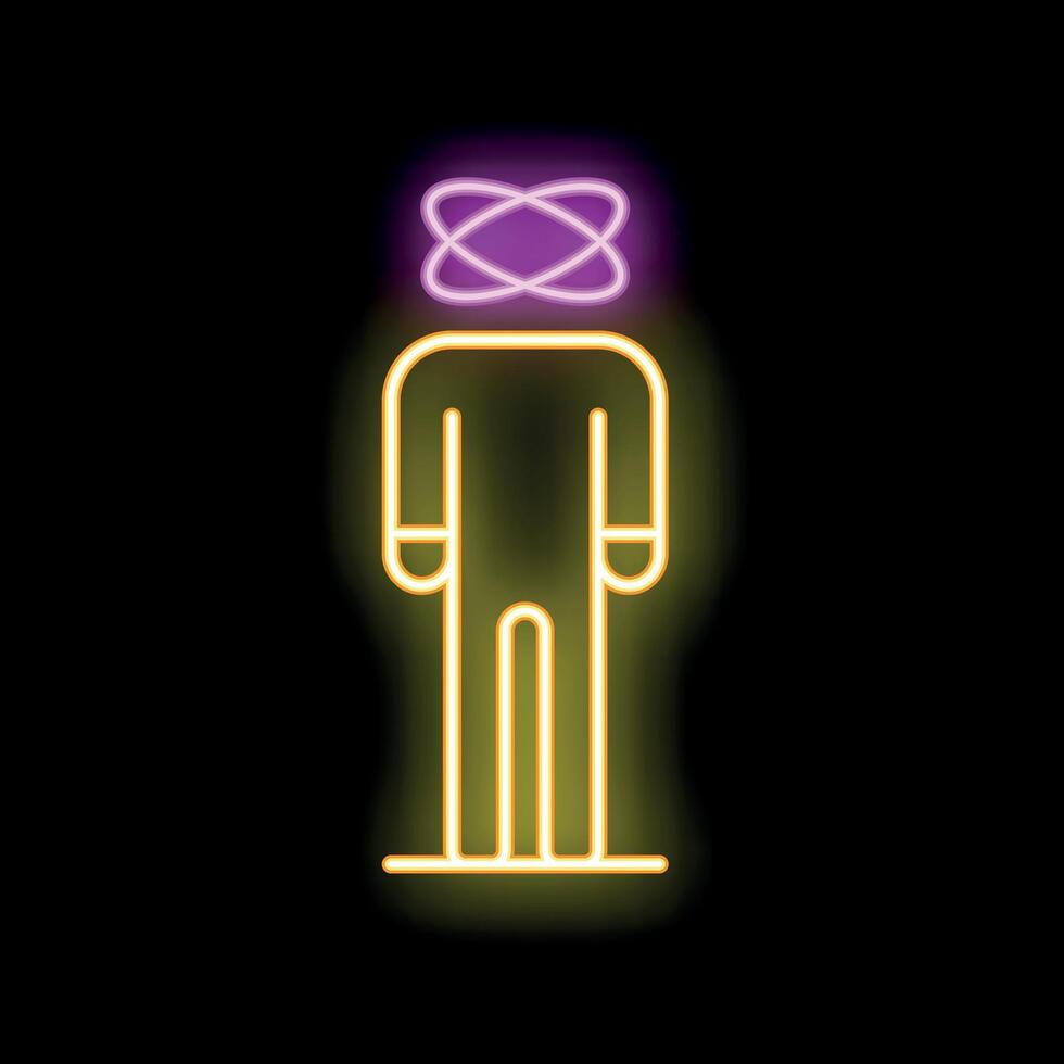 Neon sign of a man with atom symbol replacing his head vector