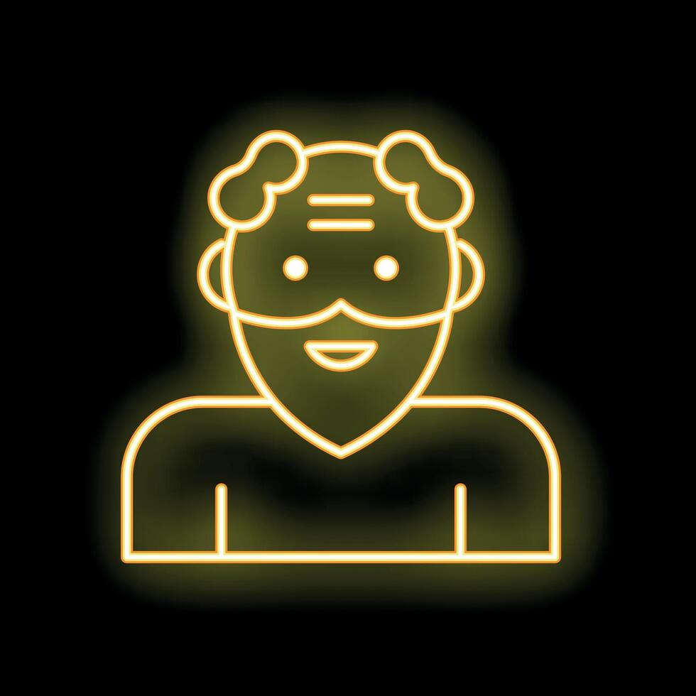 Neon yellow glowing symbol of a grandfather with a beard and mustache vector