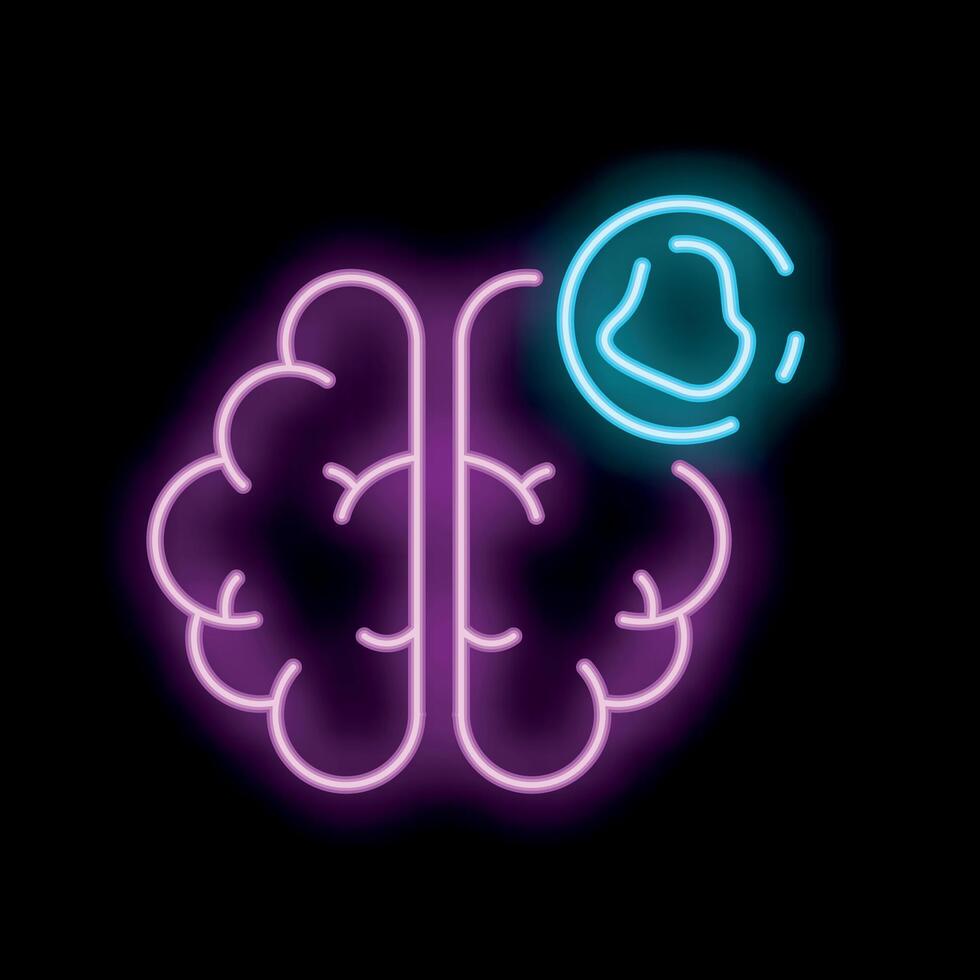 Neon sign depicting brain with chemical flask symbolizing cognitive function vector