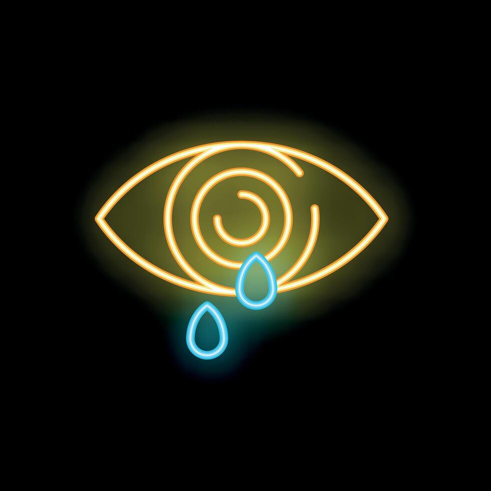 Neon icon of eye crying with tears falling from iris on black background vector