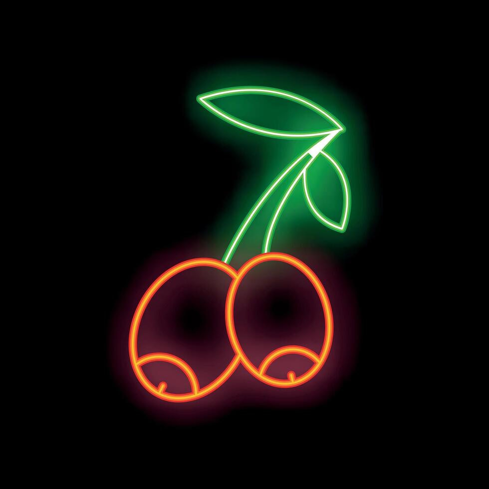 Neon sign showing two cherries with green stem and leaves glowing on black background vector