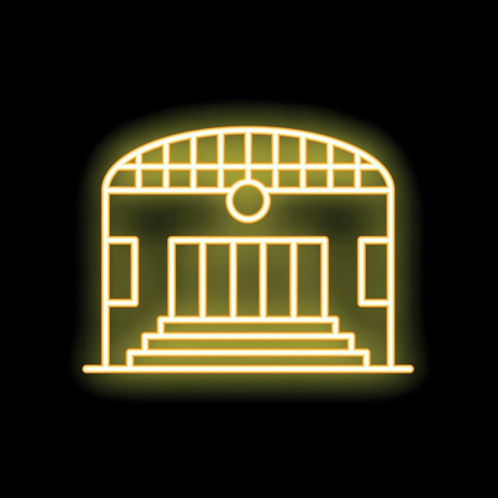 Neon sign representing a building with stairs and large doors glowing on black background vector