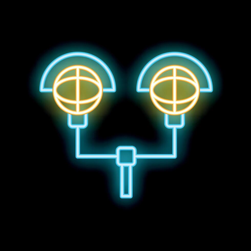 Neon icon of two globes sharing data through network cable vector