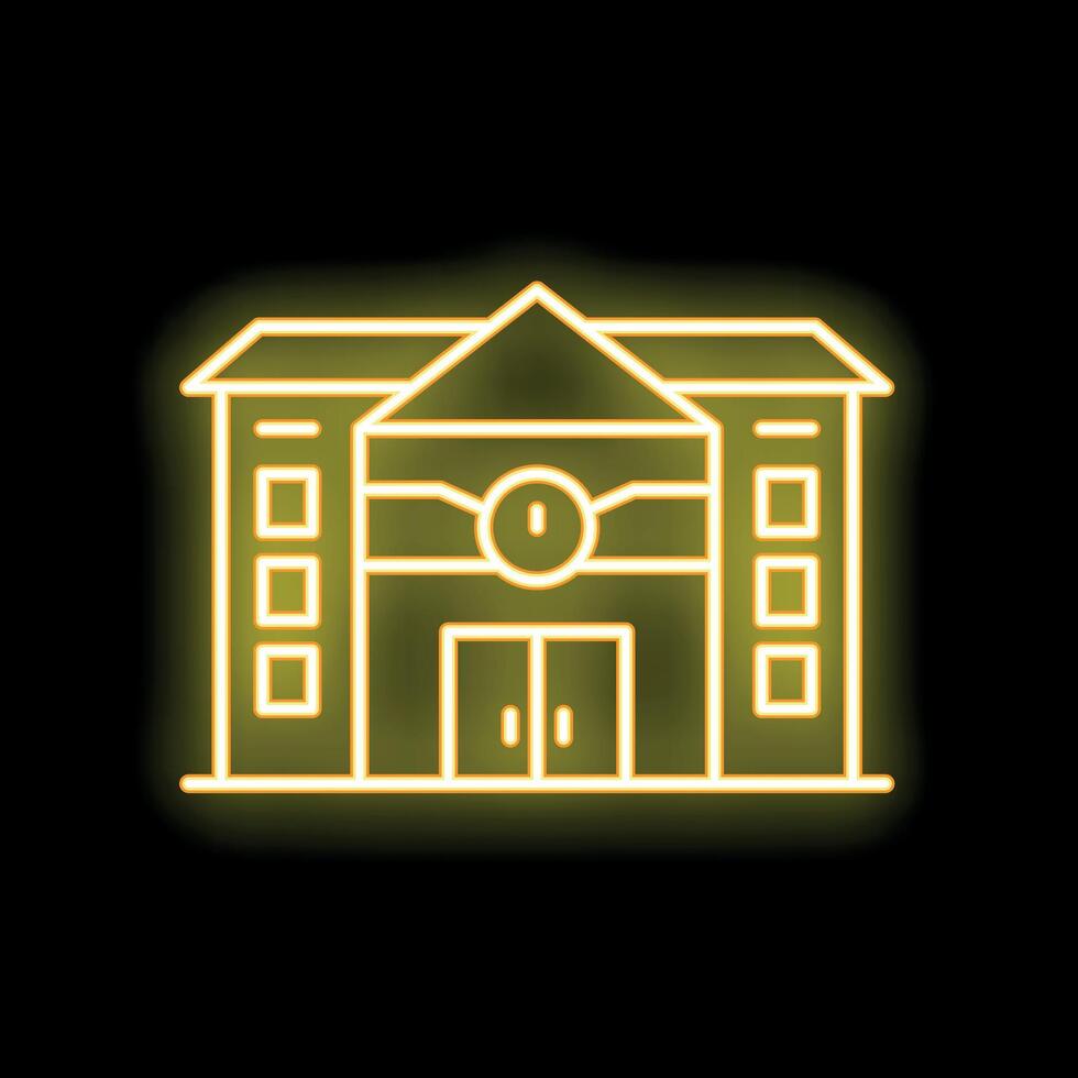 Glowing neon sign depicting a university building with a clock and large entrance on black background vector