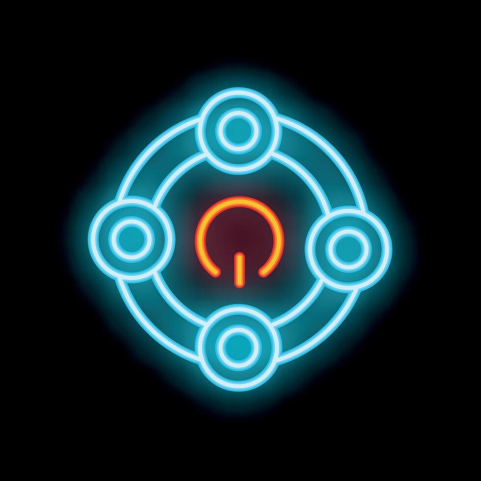 Neon icon of power button surrounded by circles on black background vector