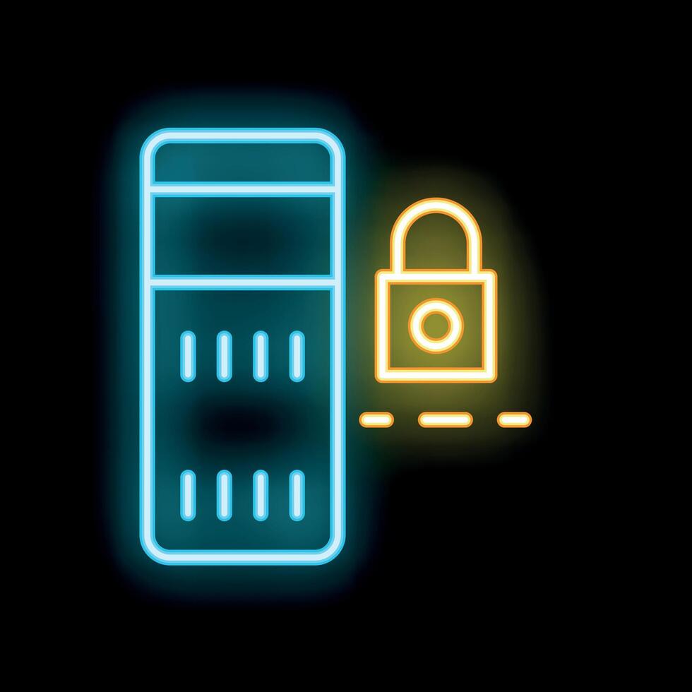 Neon server icon secured with a padlock on black background vector