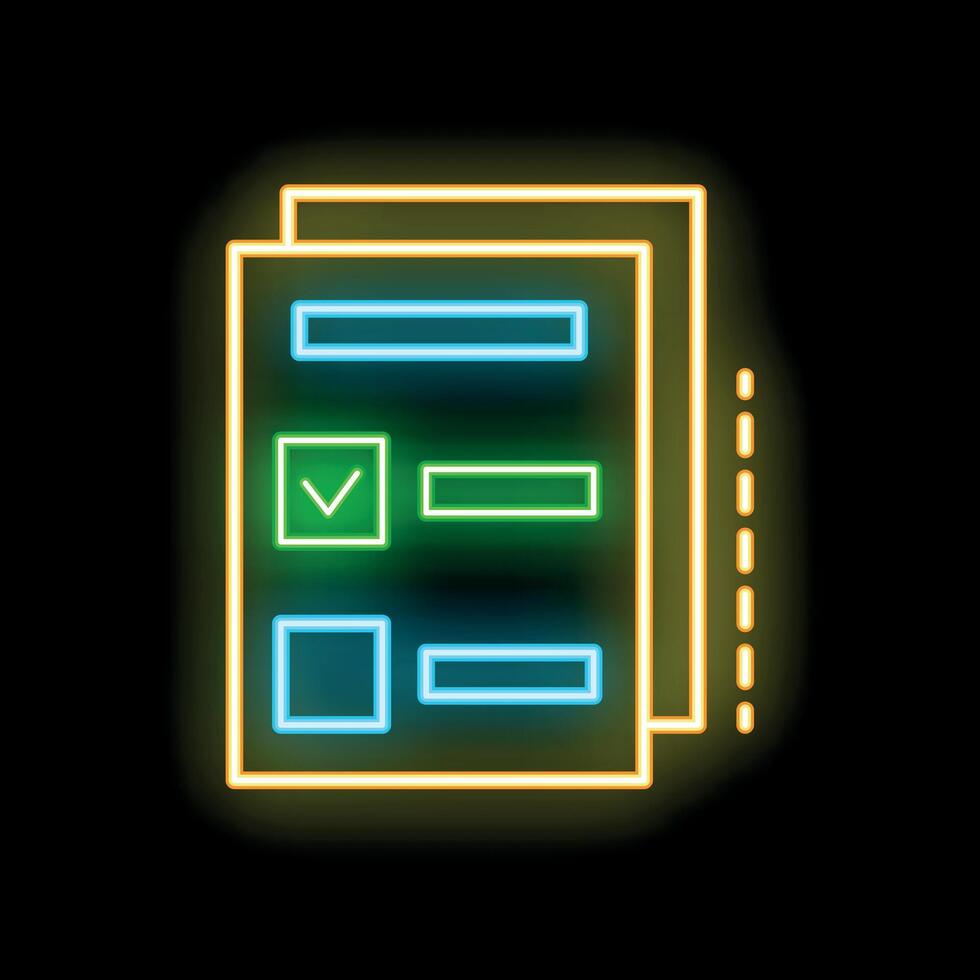 Neon icon of documents with checkmark representing successful completion vector