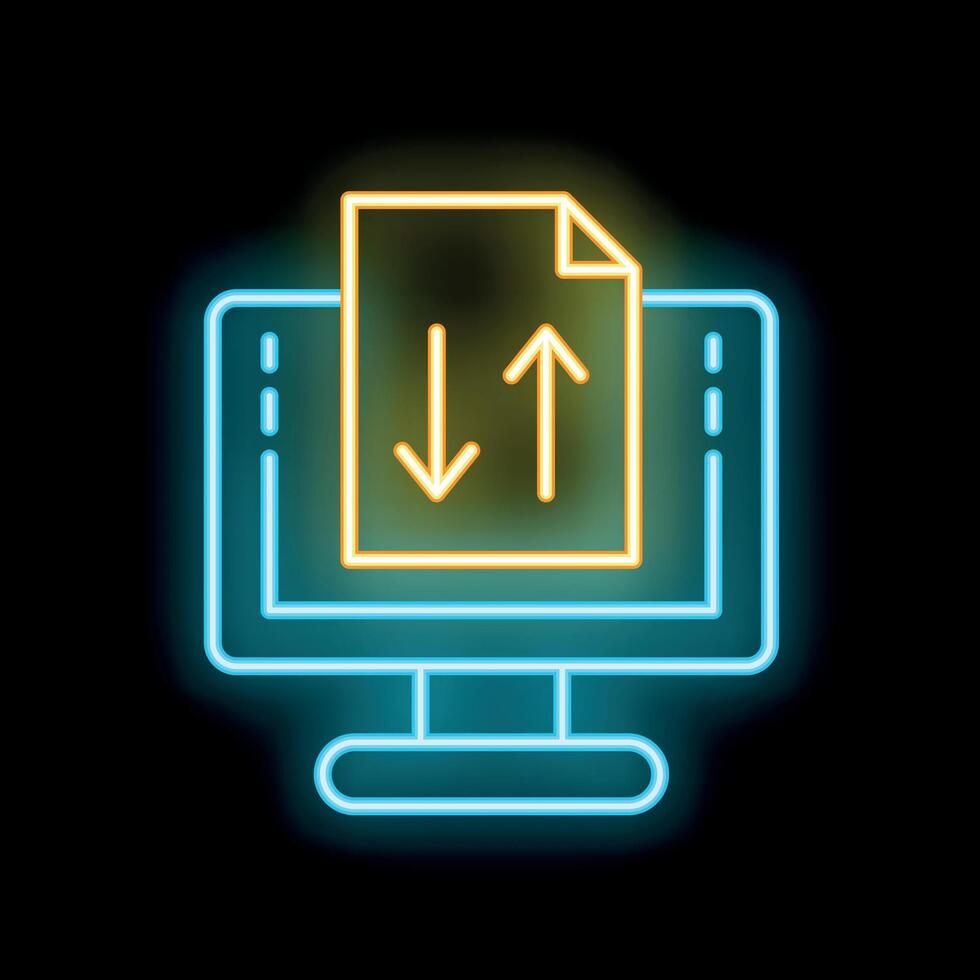 Neon icon of computer showing uploading and downloading file vector